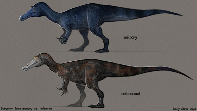 Paleoart sketches of Baryonyx, top colored blue and drawn entirely from memory so has inaccurate proportions and details. Bottom sketch is more brown colored and has more accurate proportions.