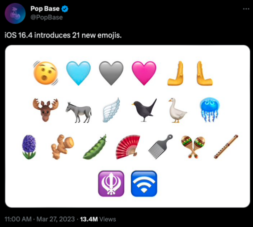 A screenshot of the linked tweet that has an image showing the 21 new iOS 16.4 emojis, one of which is a blue sea jelly.