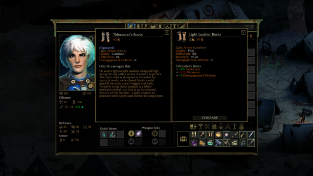 Tyranny screenshot of the character inventory, comparing two boots: Tidecaster boots & Light Leather boots.