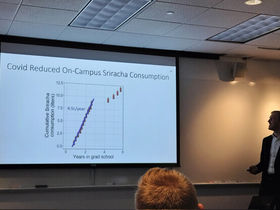 Me presenting a talk showing a slide of cumulative on-campus sriracha consumption over time. It shows I ate ~4.5 L/year of sriracha in the pre-covid years of my PhD, which slowed substantially after covid