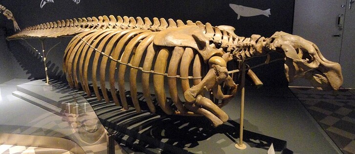 Steller’s sea cow skeleton on display at a museum. 