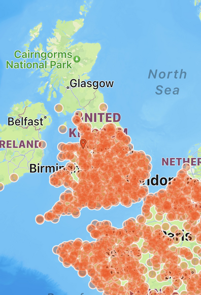 a map of the uk and northern france, showing the distribution of the gatekeeper butterfly represented by red circles. the butterfly is found throughout northern france and southern england/the midlands and wales, with the species' range ending on a line going through bradford and leeds (there are a few other dots scattered outside of this range, including a few in ireland, one in newcastle, one on the isle of man, and a few in the lake district)  
