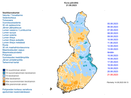 Vesitilannekartta: pohjavesiennuste päivälle 21.8. Maan eteläosissa pohjaveden taso on alle keskiarvon ja Uudellamaalla, Varsinais-Suomessa ja osissa Kymenlaaksoa ja Hämeen maakuntia alle vuosiminimien keskiarvon. Myös laajoilla alueilla länsirannikkoa ja Lappia tilanne on alle keskiarvon. 