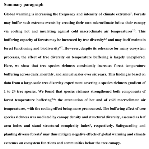 Global warming is increasing the frequency and intensity of climate extremes. Forests may buffer such extreme events by creating their own microclimate below their canopy via cooling hot and insulating against cold macroclimate air temperatures. This buffering capacity of forests may be increased by tree diversity and may itself maintain forest functioning and biodiversity. However, despite its relevance for many ecosystem processes, the effect of tree diversity on temperature buffering is largely unexplored. Here, we show that tree species richness consistently increases forest temperature buffering across daily, monthly, and annual scales over six years. This finding is based on data from a large-scale tree diversity experiment covering a species richness gradient of 1 to 24 tree species. We found that species richness strengthened both components of forest temperature buffering: the attenuation of hot and of cold macroclimate air temperatures, with the cooling effect being more pronounced. The buffering effect of tree species richness was mediated by canopy density and structural diversity, assessed as leaf area index and stand structural complexity index, respectively. Safeguarding and planting diverse forests may thus mitigate negative effects of global warming and climate extremes on ecosystem functions and communities below the tree canopy.