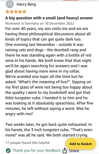 Rating of a tungsten cube on amazon, really weird story