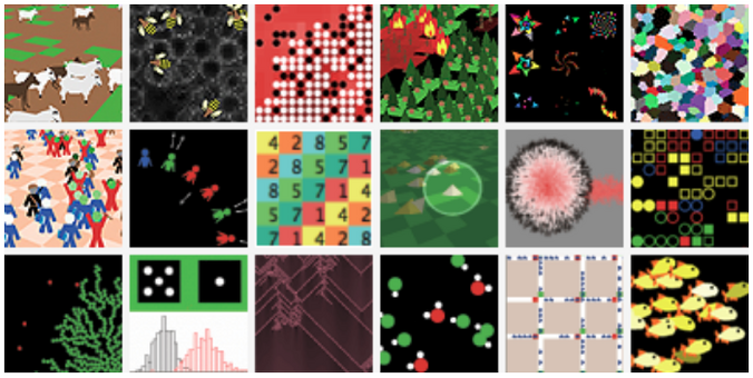 Screenshot of screenshots showing 18 colourful NetLogo models.
