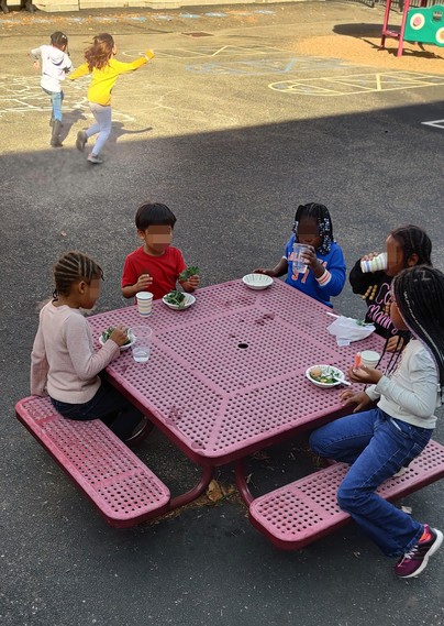 Students eat salads and drink mint tea at a table in their playground during the garden session. Two students have finished and are skipping off to play in the background.