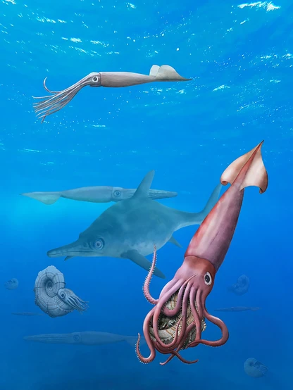 A reconstructed scene from the Germanic Basin during the Bajocian (e.g. in Germany, Luxembourg or Switzerland) with Megateuthis suevica catching a lytoceratid, a five-meter-long ophthalmosaurid like Argovisaurus, and nautilids in the background. These species co-existed in central Europe, but there is no direct evidence for their actual interactions.