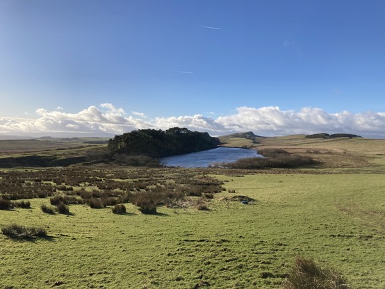 A wide hilly landscape of rough grassland sloping down to a blue lake in the distance. The sky is blue with a ridge of fluffy white clouds along the horizon