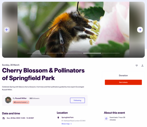 Screenshot of Eventbrite listing. Image is a bee foraging on fruit tree blossom.

Date and time
Sun, 30 Mar 2025 14:00 - 15:30 BST

Location
Springfield Park
61 Ashtead Road London E5 9AX United Kingdom

Blurb
Sunday afternoon walk through the blossom of Springfield Park. We will look how to identify Japanese cherries and fruit trees, as well as recording the pollinator species using blossom in the park.
In January 2021 Russell designed and delivered a large planting scheme of 44 cherry trees as part of a national Sakura Cherry Tree Project (following a major Heritage Lottery Fund refurbishment of buildings in Springfield Park). Previously Russell helped create and managed the community orchard in the park and ran a 5 year restoration to save its old Pear tree.
Russell is a consultant arboriculturalist, entomologist and recently co-founded ReNature London.
twitter.com/treeruss
instagram.com/tree_russ/