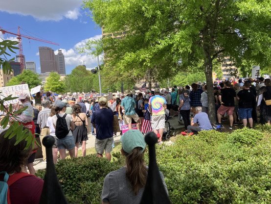 View from the back of the crowd at Liberty Plaza next to the Capitol in downtown Atlanta. There are thousands of people in front of me in the crowd holding signs