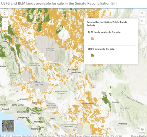 A map of Bureau of Land Management and US Forest Service proposed for sale, covering a lot of southern Nevada, southeastern California, and western Arizona