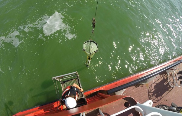 A photo from above a sampling platform of a red research ship showing a technician retrieving a zooplankton net. The water is extremely green with floating patches of white foam. Photo from the CCGS Limnos Aug 2019 Lake Erie survey. Source DFO CC-BY-SA.