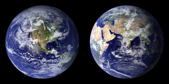 image/jpeg two views of the earth are shown side-by-side. Clouds, ocean, terrestrial land types are featured. From Reto Stöckli and Robert Simmon using MODIS and USGS satellite imagery. Public Domain.
