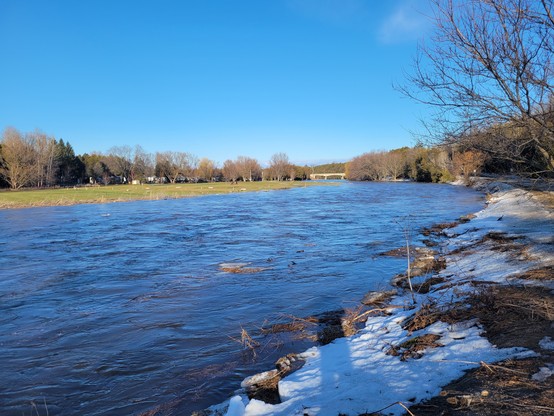 A bank-full river flows carrying blocks of ice and branches downstream under a deep blue sky.