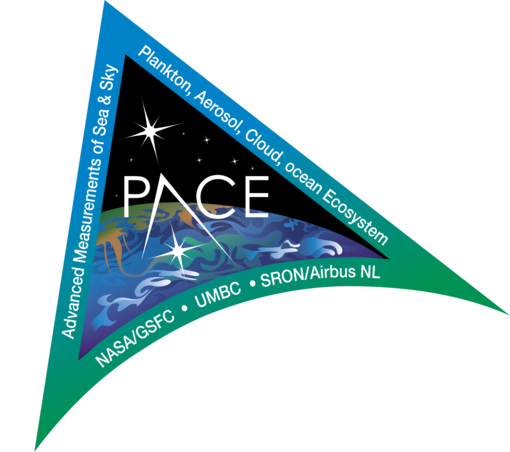 image/png a logo for PACE program shaped as a curved triangular arrow head with a stylized image of a portion of the Earth showing swirls of phytoplankton and wind and flared stars in the background. The outer edge contains the words on the sides. Plankton, Aerosol, Cloud, ocean Ecosystem. Advanced Measurements of Sea & Sky. NASA/GSFC • UMBC • SRON/Airbus NL.